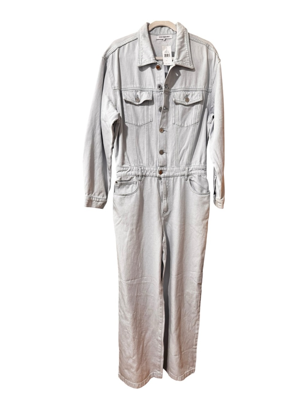 NWT WeWoreWhat Light blue Wash Denim Utility Jumpsuit Boilersuit Wide Leg L